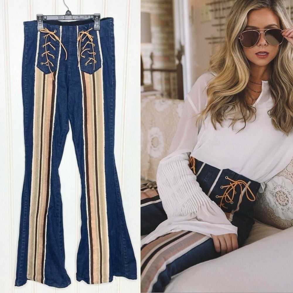 Anthro Judith March Lace Up Flare Jeans Striped Panel Pull On Denim Blue Large